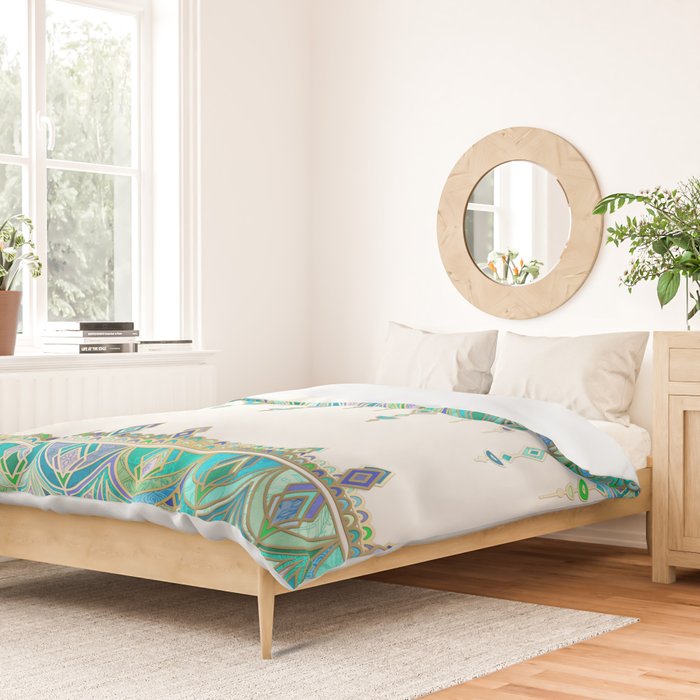 Art Deco Double Drop in Jade and Aquamarine on Cream Duvet Cover Gallery Image 2