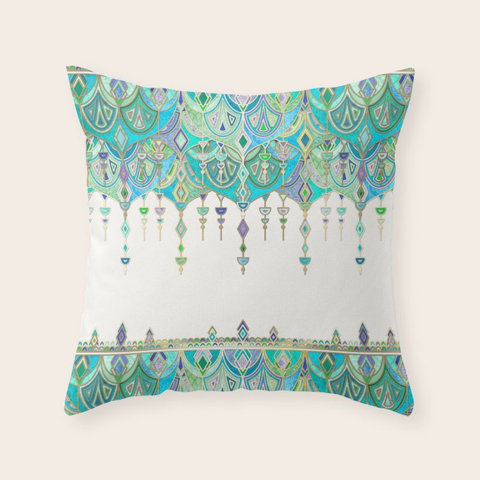 Art Deco Double Drop in Jade and Aquamarine on Cream Throw Pillow Gallery Image 6