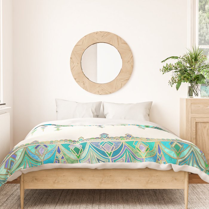 Art Deco Double Drop in Jade and Aquamarine on Cream Duvet Cover Gallery Image 3