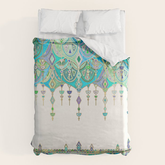 Art Deco Double Drop in Jade and Aquamarine on Cream Duvet Cover Gallery Image 6