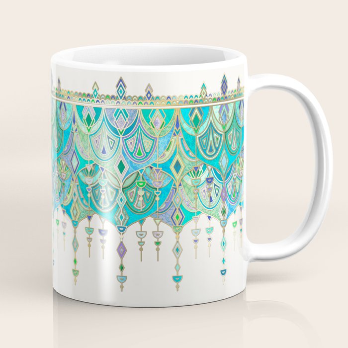 Art Deco Double Drop in Jade and Aquamarine on Cream Coffee Mug Gallery Image 1