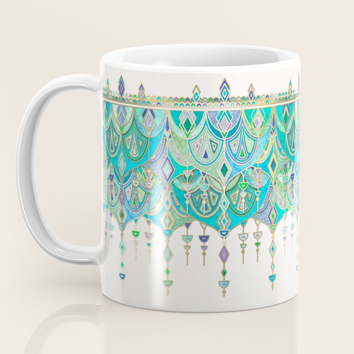 Art Deco Double Drop in Jade and Aquamarine on Cream Coffee Mug Gallery Image 3