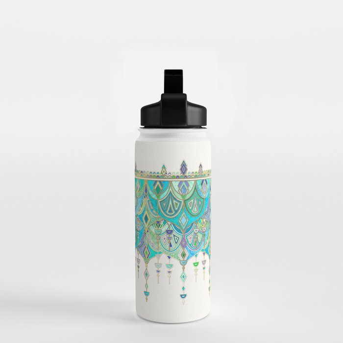 Art Deco Double Drop in Jade and Aquamarine on Cream Water Bottle Gallery Image 2