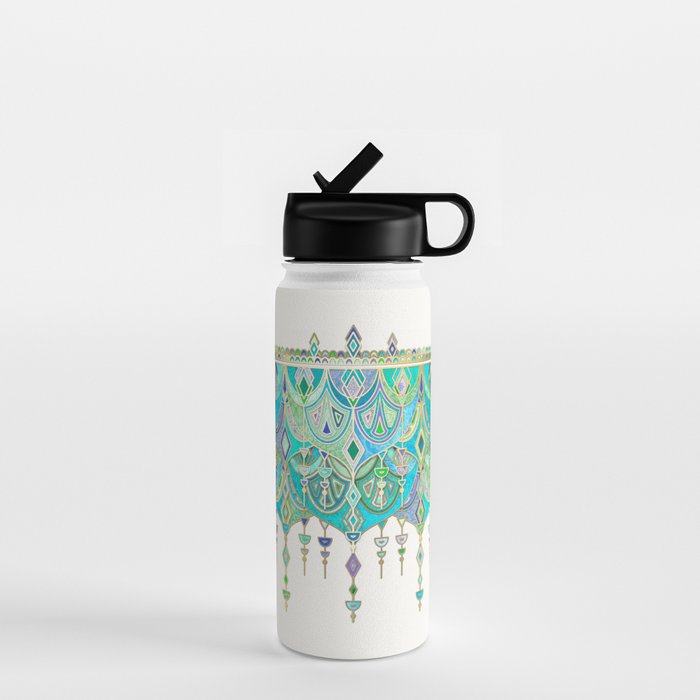 Art Deco Double Drop in Jade and Aquamarine on Cream Water Bottle Gallery Image 1