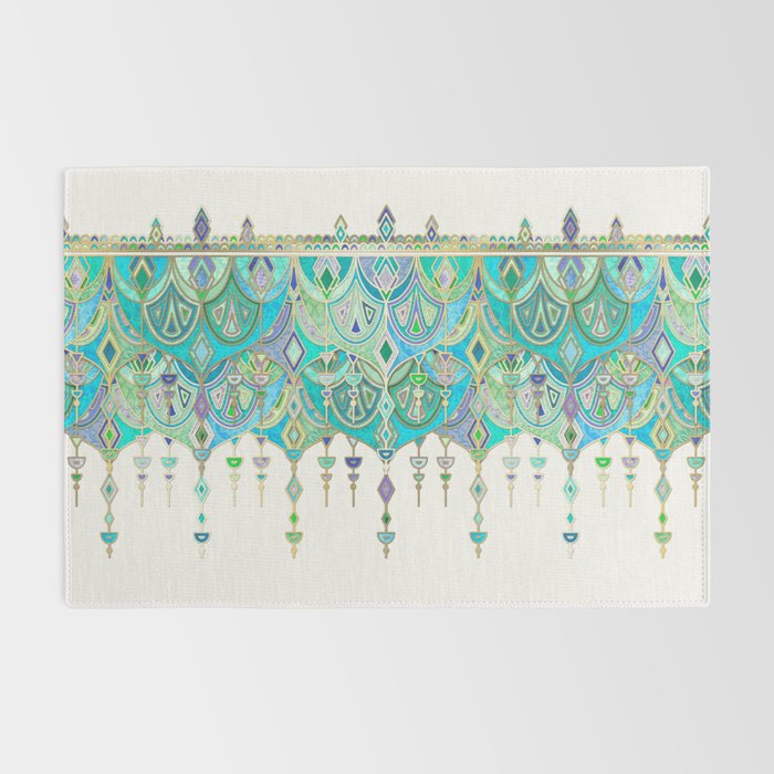 Art Deco Double Drop in Jade and Aquamarine on Cream Rug Gallery Image 2