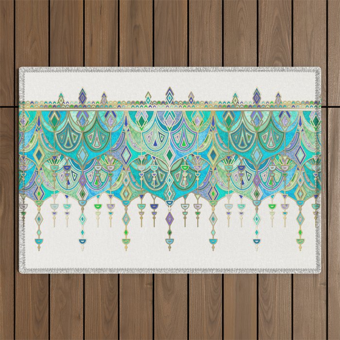 Art Deco Double Drop in Jade and Aquamarine on Cream Outdoor Rug Gallery Image 1