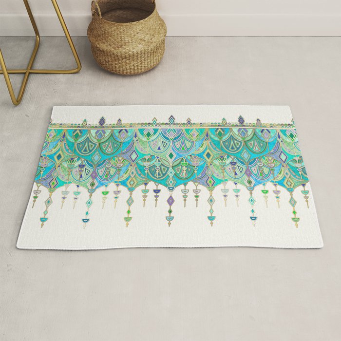 Art Deco Double Drop in Jade and Aquamarine on Cream Rug Gallery Image 1