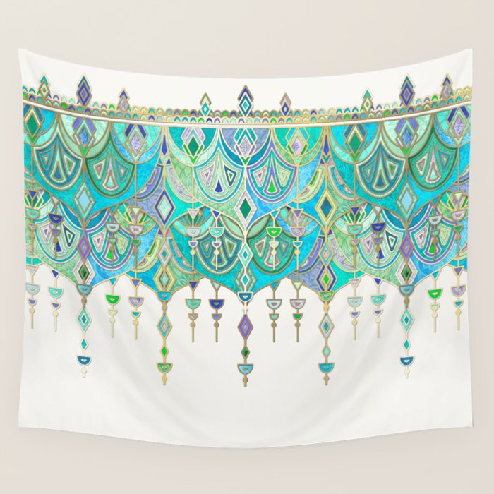 Art Deco Double Drop in Jade and Aquamarine on Cream Wall Tapestry Gallery Image 1