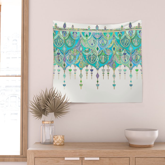 Art Deco Double Drop in Jade and Aquamarine on Cream Wall Tapestry Gallery Image 2