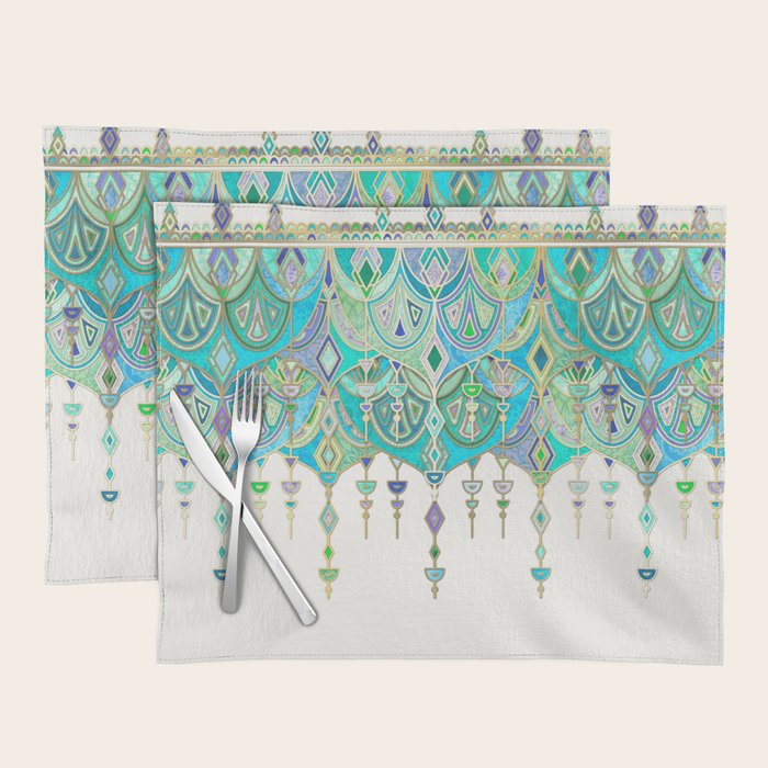 Art Deco Double Drop In Jade And Aquamarine On Cream Placemat
