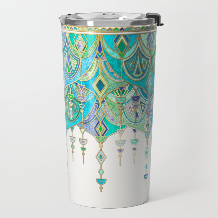 Art Deco Double Drop in Jade and Aquamarine on Cream Travel Mug Gallery Image 2
