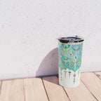 Art Deco Double Drop in Jade and Aquamarine on Cream Travel Mug Gallery Image 4
