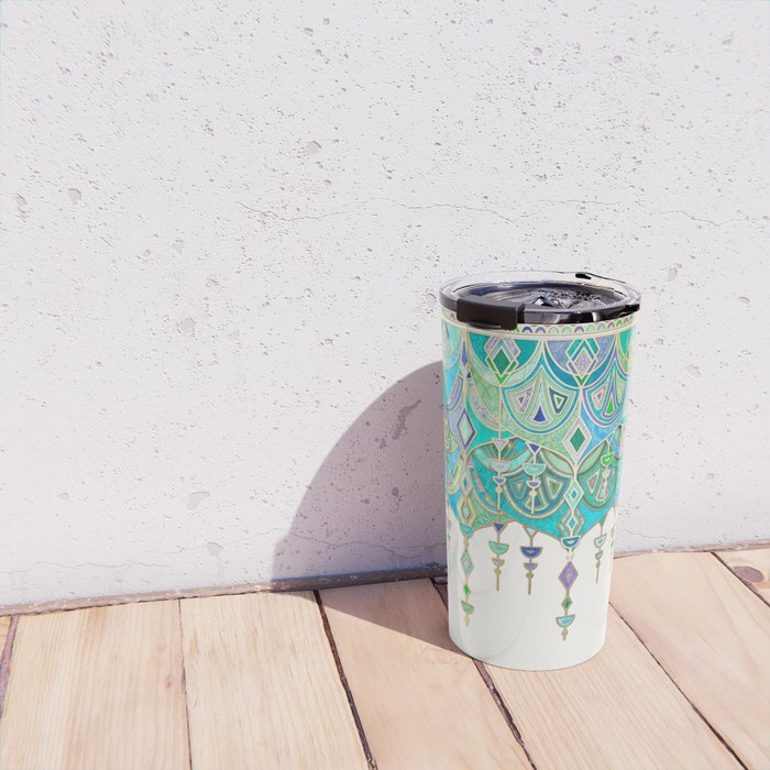 Art Deco Double Drop in Jade and Aquamarine on Cream Travel Mug Gallery Image 4