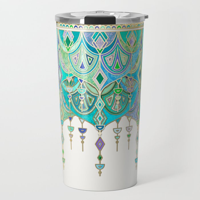 Art Deco Double Drop in Jade and Aquamarine on Cream Travel Mug Gallery Image 1