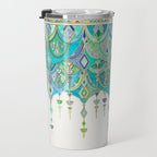 Art Deco Double Drop in Jade and Aquamarine on Cream Travel Mug Gallery Image 3