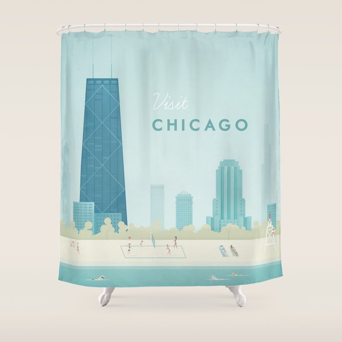 Vintage Chicago Travel Poster Shower Curtain Gallery Image 1