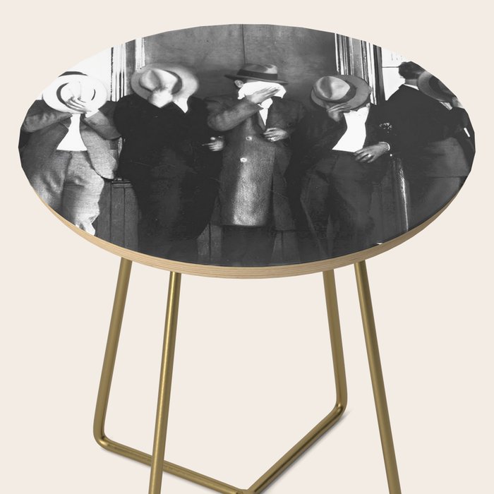 La cosa nostra arrest mug shot Sugar House Gang criminal mob bootleggers hiding faces behind hats black and white photgraph - photgraphy - photographs Side Table Gallery Image 2