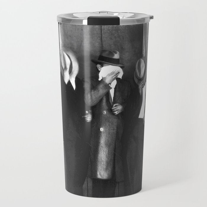La cosa nostra arrest mug shot Sugar House Gang criminal mob bootleggers hiding faces behind hats black and white photgraph - photgraphy - photographs Travel Mug Gallery Image 1