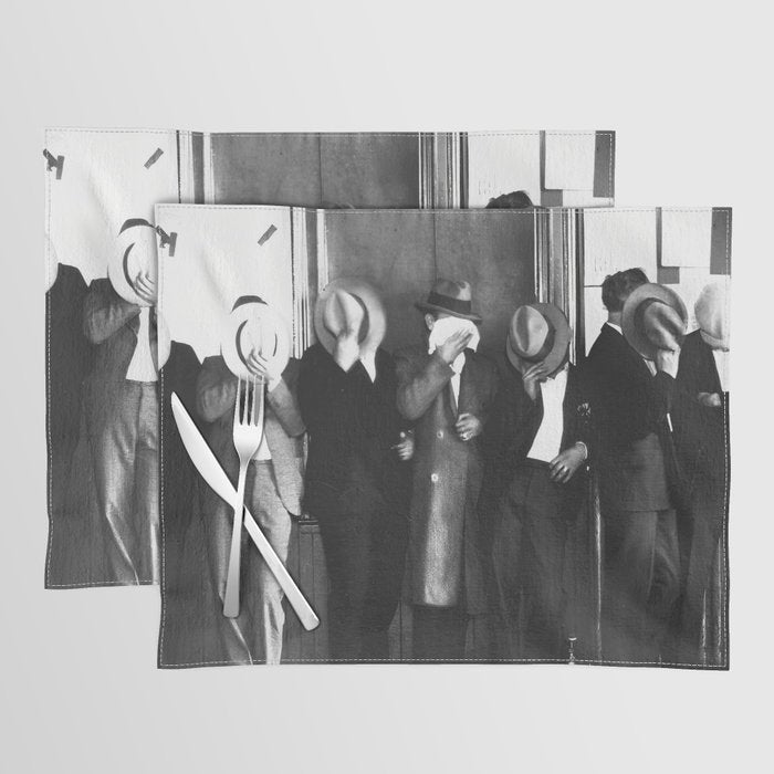 La cosa nostra arrest mug shot Sugar House Gang criminal mob bootleggers hiding faces behind hats black and white photgraph - photgraphy - photographs Placemat Gallery Image 1