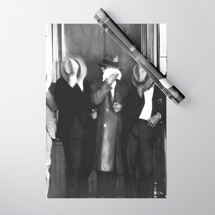 La cosa nostra arrest mug shot Sugar House Gang criminal mob bootleggers hiding faces behind hats black and white photgraph - photgraphy - photographs Wrapping Paper Gallery Image 1