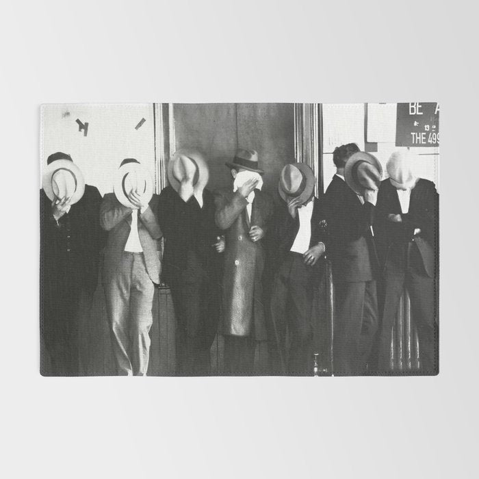 La cosa nostra arrest mug shot Sugar House Gang criminal mob bootleggers hiding faces behind hats black and white photgraph - photgraphy - photographs Rug Gallery Image 2