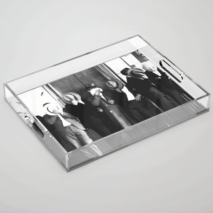 La cosa nostra arrest mug shot Sugar House Gang criminal mob bootleggers hiding faces behind hats black and white photgraph - photgraphy - photographs Acrylic Tray Gallery Image 1
