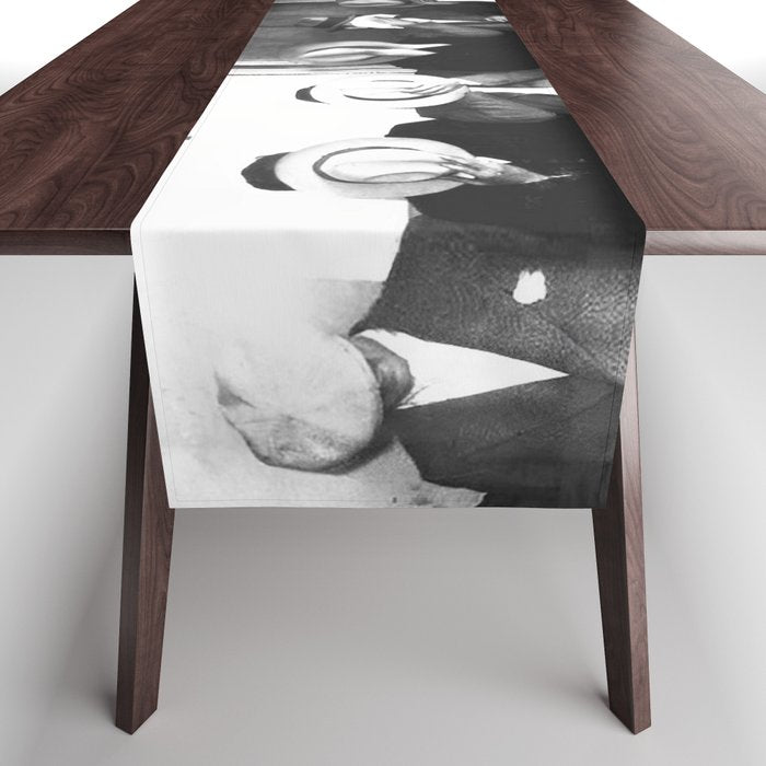 La cosa nostra arrest mug shot Sugar House Gang criminal mob bootleggers hiding faces behind hats black and white photgraph - photgraphy - photographs Table Runner Gallery Image 1
