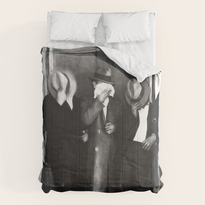 La cosa nostra arrest mug shot Sugar House Gang criminal mob bootleggers hiding faces behind hats black and white photgraph - photgraphy - photographs Comforter Gallery Image 1