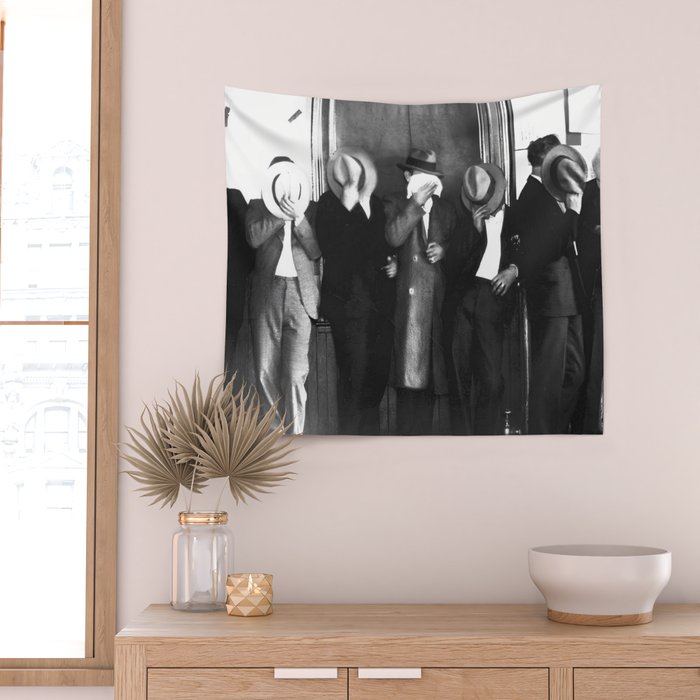 La cosa nostra arrest mug shot Sugar House Gang criminal mob bootleggers hiding faces behind hats black and white photgraph - photgraphy - photographs Wall Tapestry Gallery Image 2
