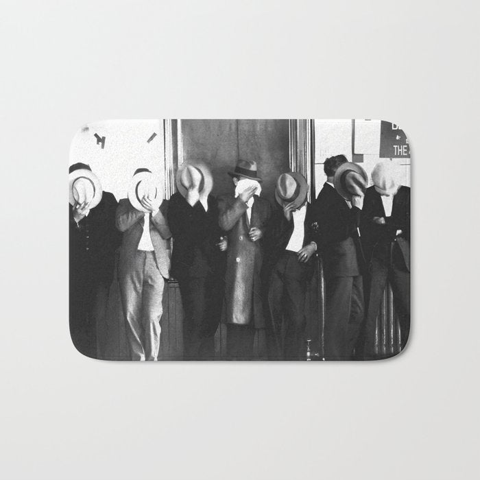 La cosa nostra arrest mug shot Sugar House Gang criminal mob bootleggers hiding faces behind hats black and white photgraph - photgraphy - photographs Bath Mat Gallery Image 1