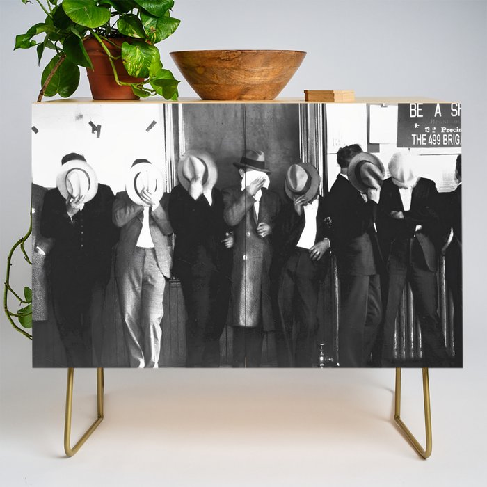 La cosa nostra arrest mug shot Sugar House Gang criminal mob bootleggers hiding faces behind hats black and white photgraph - photgraphy - photographs Credenza Gallery Image 1