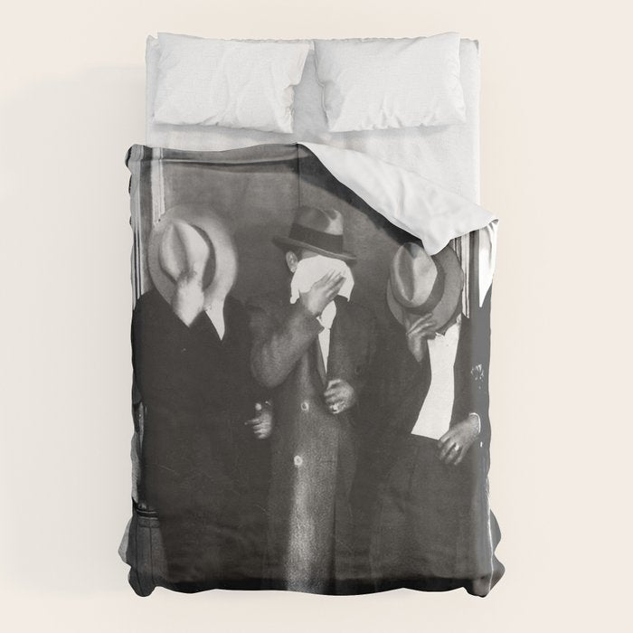 La cosa nostra arrest mug shot Sugar House Gang criminal mob bootleggers hiding faces behind hats black and white photgraph - photgraphy - photographs Duvet Cover Gallery Image 6