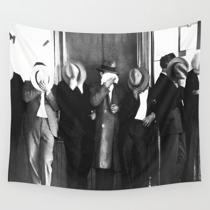 La cosa nostra arrest mug shot Sugar House Gang criminal mob bootleggers hiding faces behind hats black and white photgraph - photgraphy - photographs Wall Tapestry Gallery Image 4