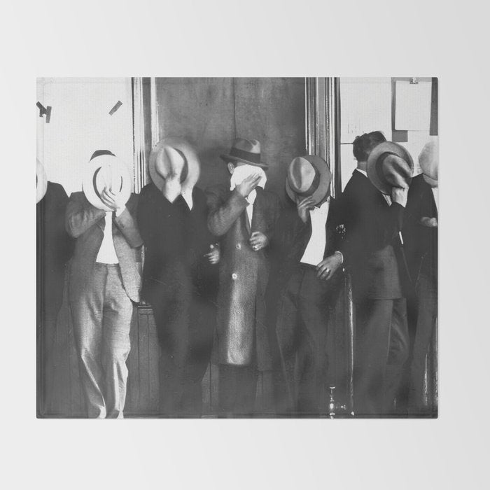 La cosa nostra arrest mug shot Sugar House Gang criminal mob bootleggers hiding faces behind hats black and white photgraph - photgraphy - photographs Throw Blanket Gallery Image 2