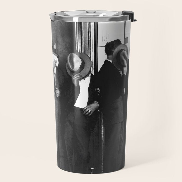 La cosa nostra arrest mug shot Sugar House Gang criminal mob bootleggers hiding faces behind hats black and white photgraph - photgraphy - photographs Travel Mug Gallery Image 2