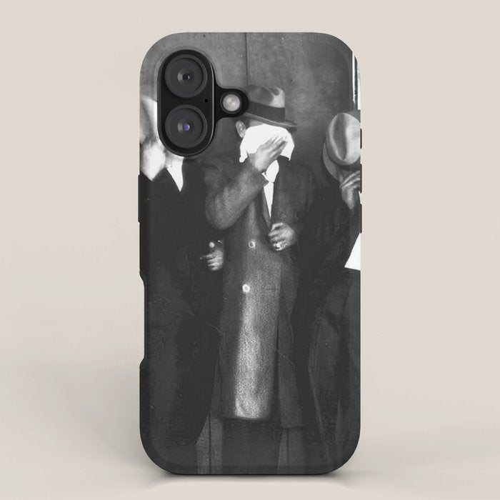 La cosa nostra arrest mug shot Sugar House Gang criminal mob bootleggers hiding faces behind hats black and white photgraph - photgraphy - photographs iPhone Case Gallery Image 1