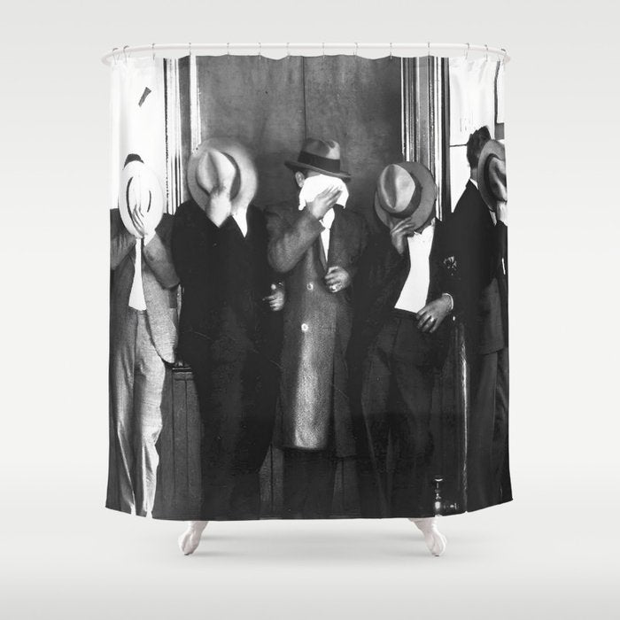 La cosa nostra arrest mug shot Sugar House Gang criminal mob bootleggers hiding faces behind hats black and white photgraph - photgraphy - photographs Shower Curtain Gallery Image 1