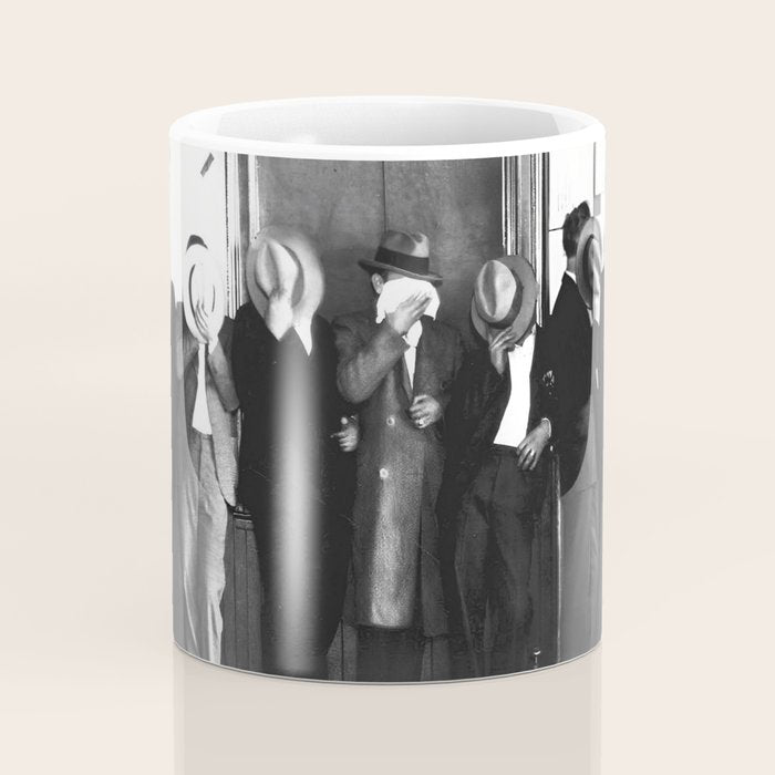 La cosa nostra arrest mug shot Sugar House Gang criminal mob bootleggers hiding faces behind hats black and white photgraph - photgraphy - photographs Coffee Mug Gallery Image 4