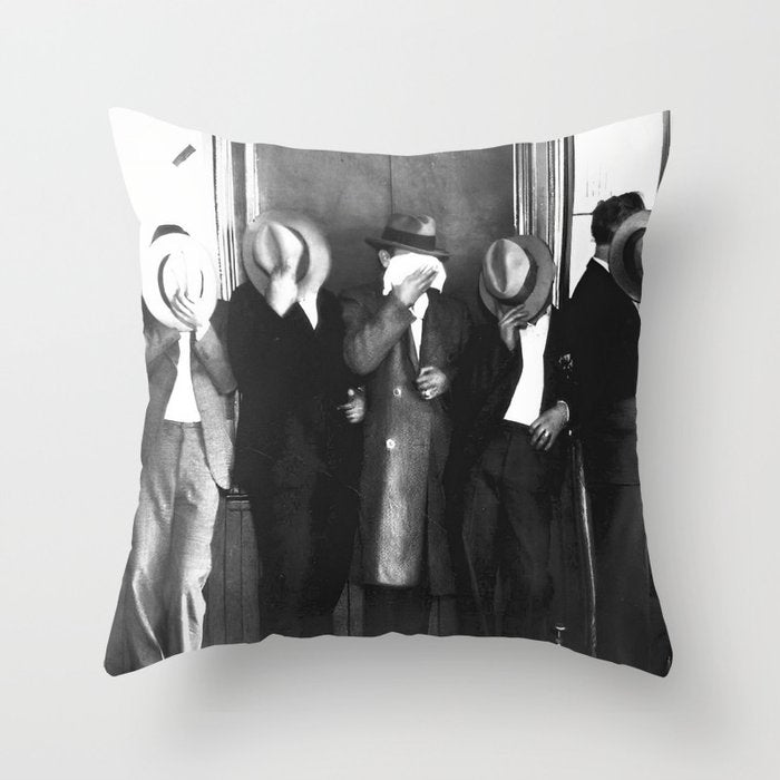 La cosa nostra arrest mug shot Sugar House Gang criminal mob bootleggers hiding faces behind hats black and white photgraph - photgraphy - photographs Throw Pillow Gallery Image 6