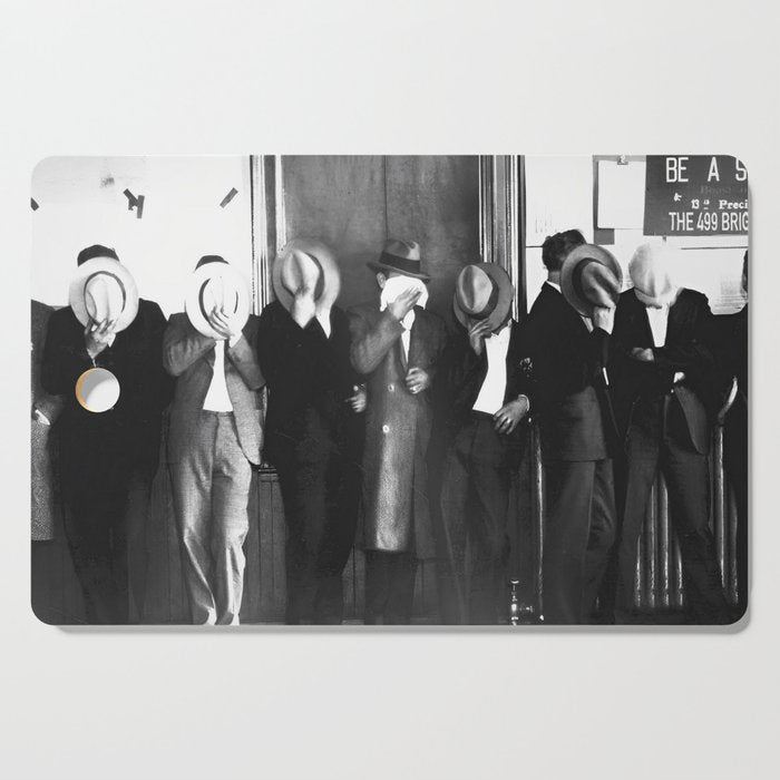 La cosa nostra arrest mug shot Sugar House Gang criminal mob bootleggers hiding faces behind hats black and white photgraph - photgraphy - photographs Cutting Board Gallery Image 1