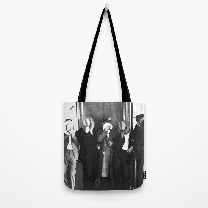 La cosa nostra arrest mug shot Sugar House Gang criminal mob bootleggers hiding faces behind hats black and white photgraph - photgraphy - photographs Tote Bag Gallery Image 2