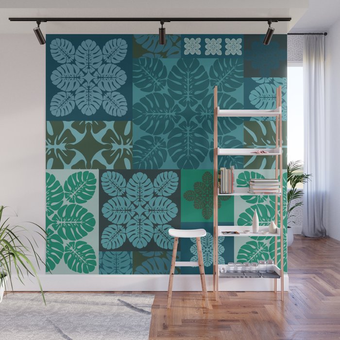Hawaiian Monstera Quilt pattern Blues Wall Mural Gallery Image 1