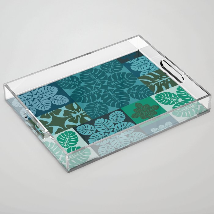 Hawaiian Monstera Quilt pattern Blues Acrylic Tray Gallery Image 1