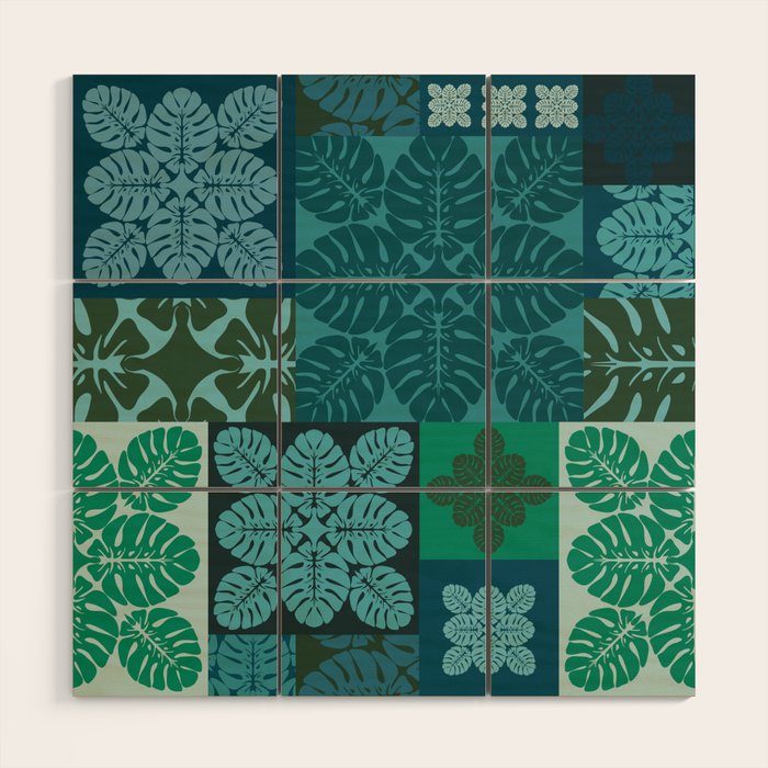 Hawaiian Monstera Quilt pattern Blues Wood Wall Art Gallery Image 1