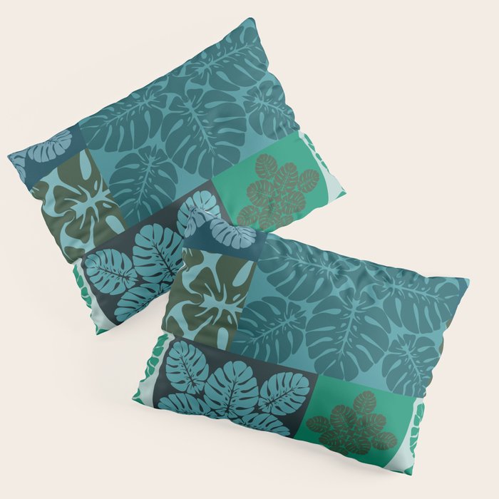 Hawaiian Monstera Quilt pattern Blues Pillow Sham Gallery Image 1