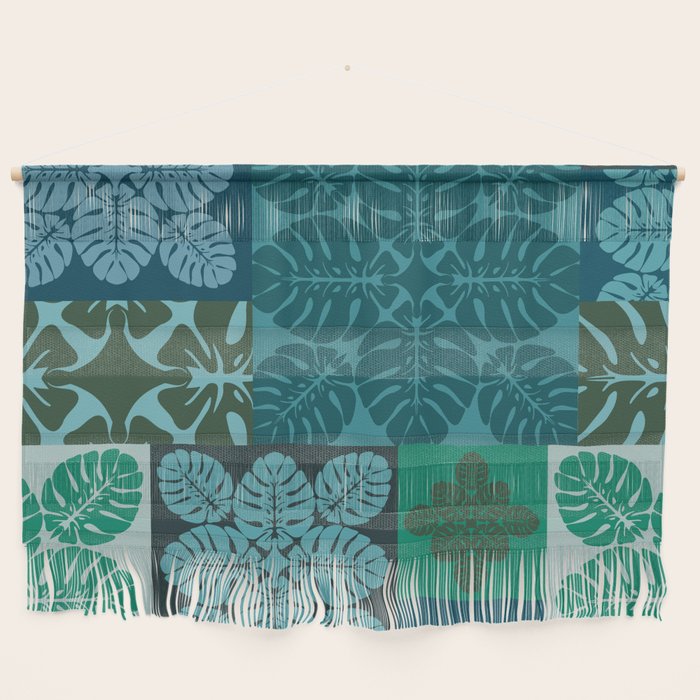 Hawaiian Monstera Quilt pattern Blues Wall Hanging Gallery Image 1