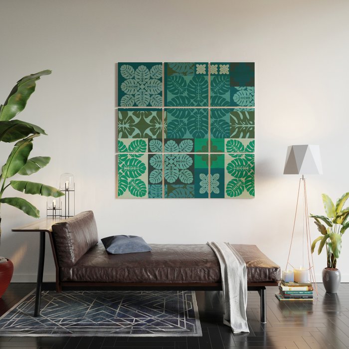 Hawaiian Monstera Quilt pattern Blues Wood Wall Art Gallery Image 2