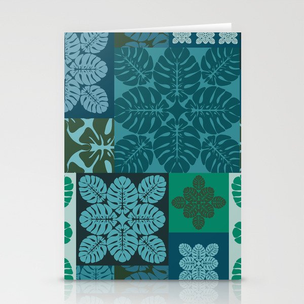 Hawaiian Monstera Quilt pattern Blues Stationery Card Gallery Image 2