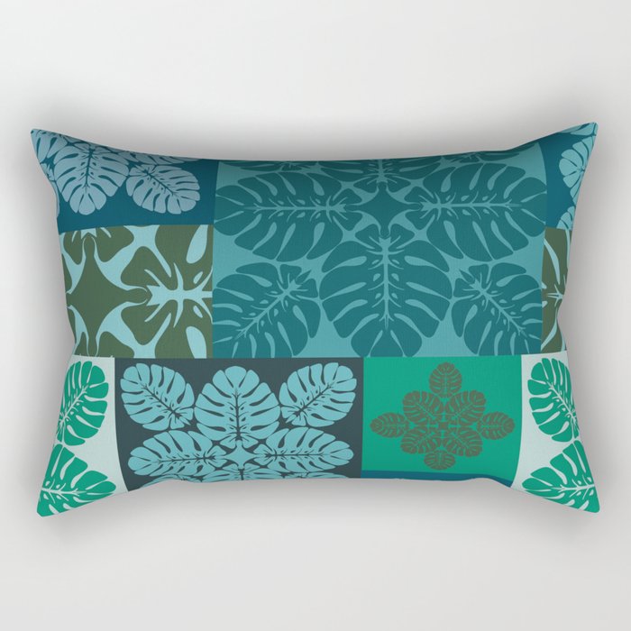 Hawaiian Monstera Quilt pattern Blues Rectangular Pillow Gallery Image 2