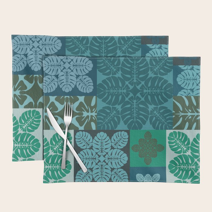 Hawaiian Monstera Quilt Pattern Blues Placemat Gallery Image 1